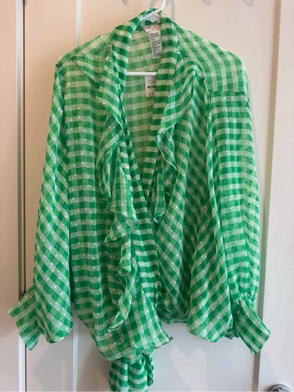 Free People Green Gingham Ruffle Blouse. one size fits all